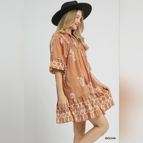 Umgee Boarder Print Tassel Tie Neck Mini Dress - Picture 2 of 5